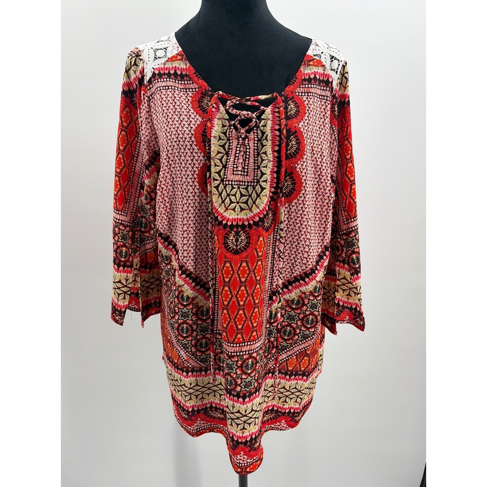 Figueroa & Flower Womens 1X Red Orange Boho Lace Back Tassel Tunic Top PAT2079W‎